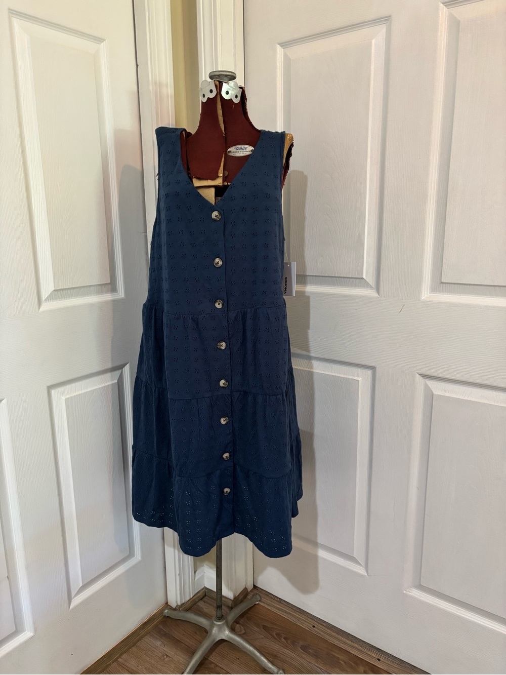 Navy Eyelet Button-Front Tiered Summer Dress